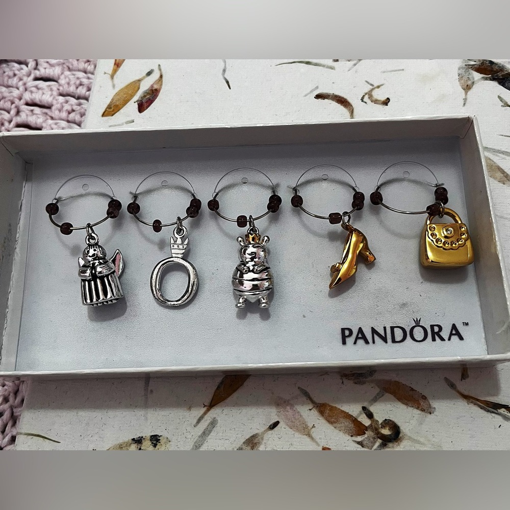 PANDORA Set of 5 Wine Glass Charms ~ Angel, Crown,  Queen Bee, High Heel,  Purse